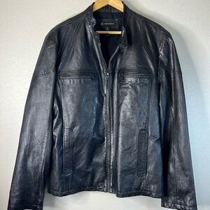 INC Black Leather Jacket Zip Front Snap Tab Band Collar Pockets‎ Straight Cut XL